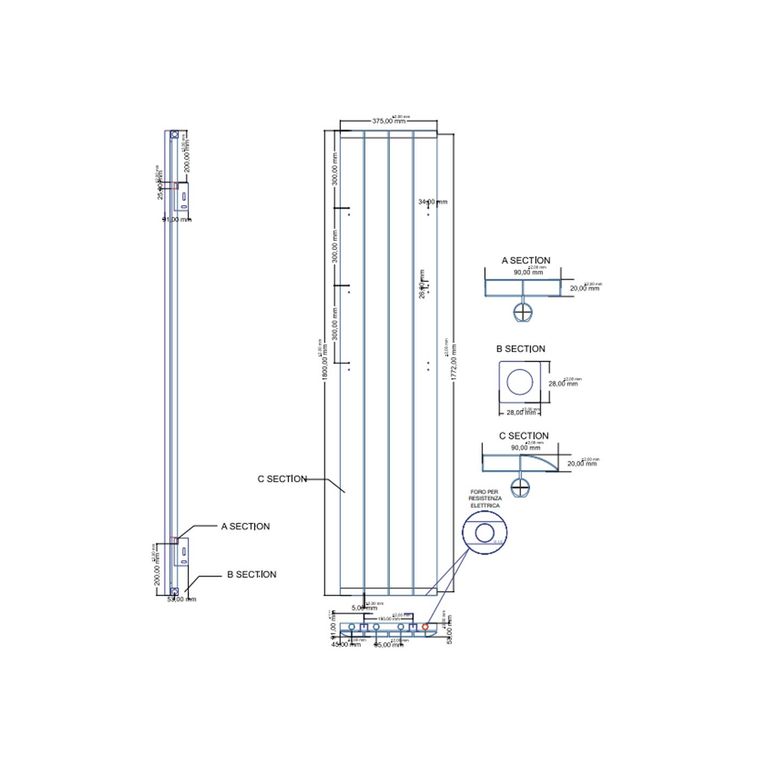 termoarredo in alluminio 1800x375 mm bianco interasse 375 mm modello selanik - linea design classic