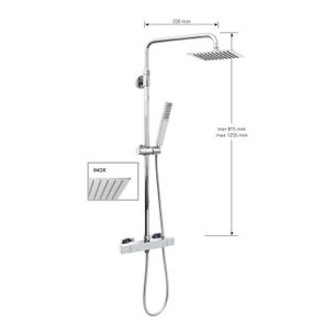 KIT COLONNA DOCCIA CILINDRICA CON SOFFIONE QUADRATO INOX mm 200x200,TERMOSTATICO QUADRATO DOTATO DI DEVIATORE,FLESSIBILE cm 150 E DOCCETTA IN ABS. FINITURA CROMATA - 13087/20