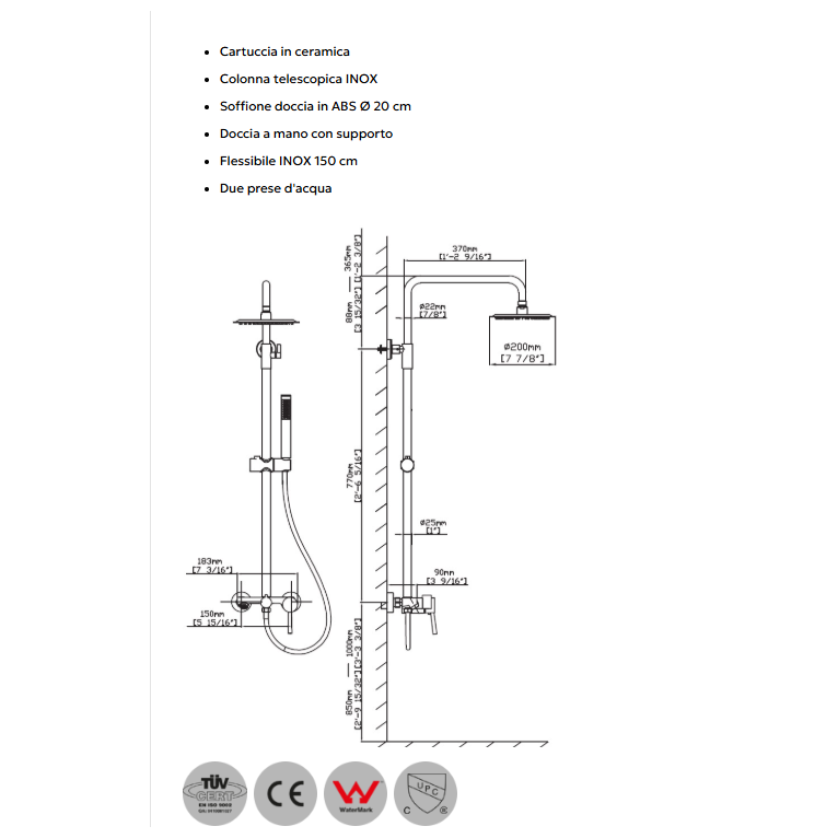 colonna doccia cromo karag "artemis" cf031 con miscelatore