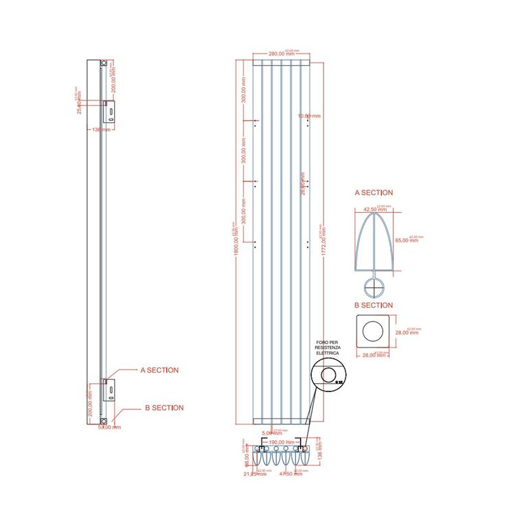 termoarredo in alluminio 1800x280 mm antracite interasse 280 mm modello punta - linea super power