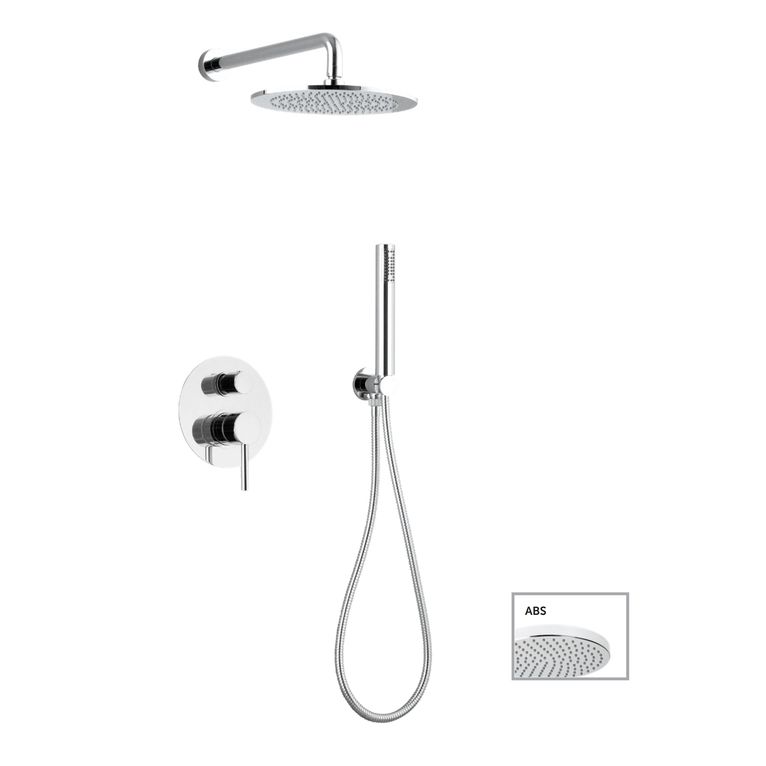 kit soffione cilindrico abs diametro mm 200 con miscelatore incasso doccia,deviatore a due uscite + kit doccia cilindrico con presa acqua,flessibile cm 150 e doccetta cilindrica abs. finitura cromata - 14008/20