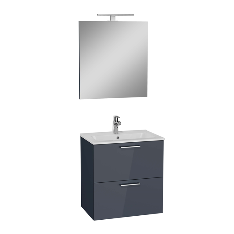 mobile bagno sospeso composizione completa misura 60 cm: base - lavabo in ceramica - specchio - lampada led e sifone