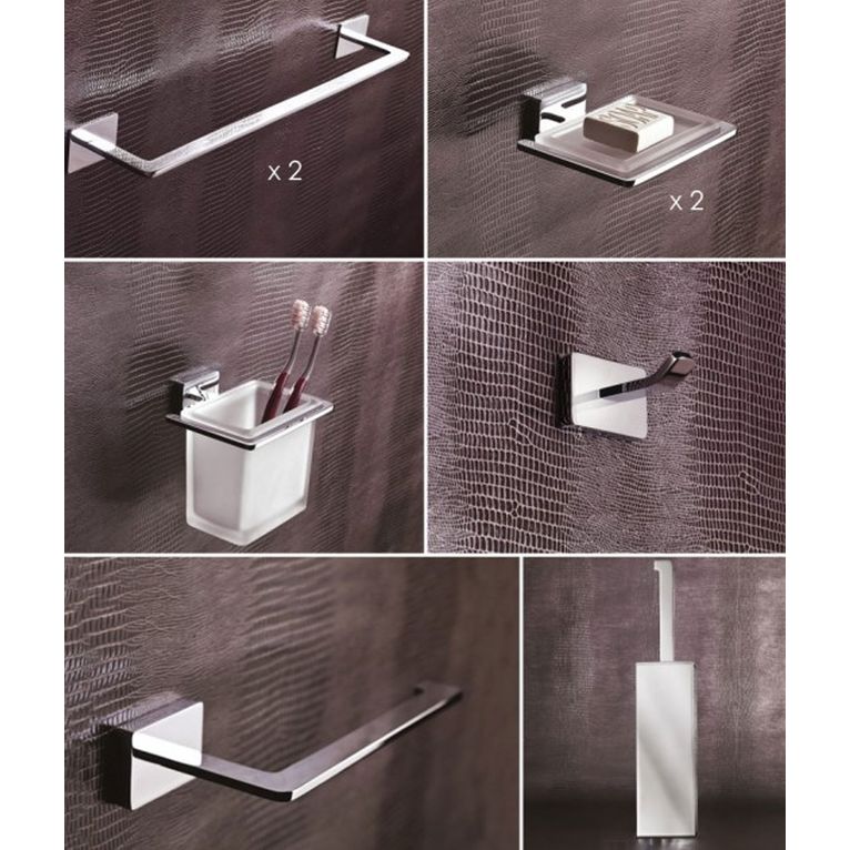 set completo flat 2 portasapone porta spazzolini portarotolo appendiabito 2 porta asciugamani e scopino capannoli - versione adesivo o silicone 