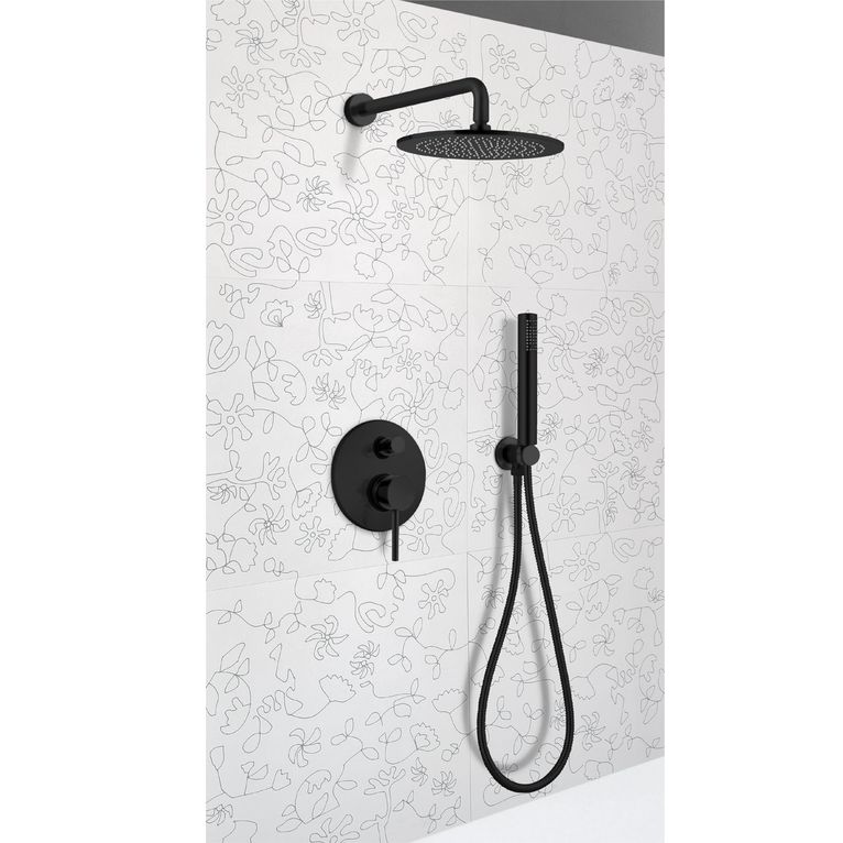 kit soffione cilindrico ottone diametro mm 250 con miscelatore incasso doccia,deviatore a 2 uscite + kit doccia cilindrico con presa acqua, flessibile cm 150 e doccetta cilindrica abs nero opaco minimal mn1409/25
