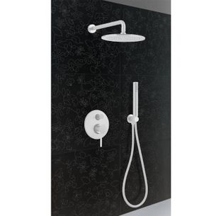 KIT SOFFIONE CILINDRICO OTTONE DIAMETRO mm 250 CON MISCELATORE INCASSO DOCCIA,DEVIATORE A 2 USCITE + KIT DOCCIA CILINDRICO CON PRESA ACQUA, FLESSIBILE cm 150 E DOCCETTA CILINDRICA ABS BIANCO OPACO MINIMAL MN1409/25
