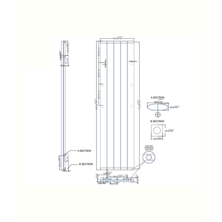 termoarredo in alluminio 1800x470 mm antracite interasse 280 mm modello serez - linea design classic