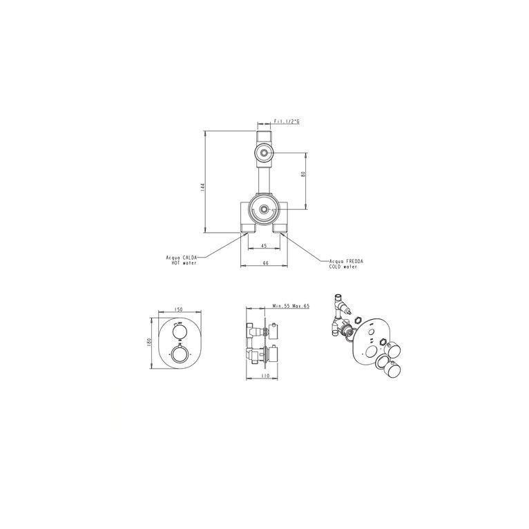 miscelatore tm4d in ottone termostatico doccia incasso serie sphera