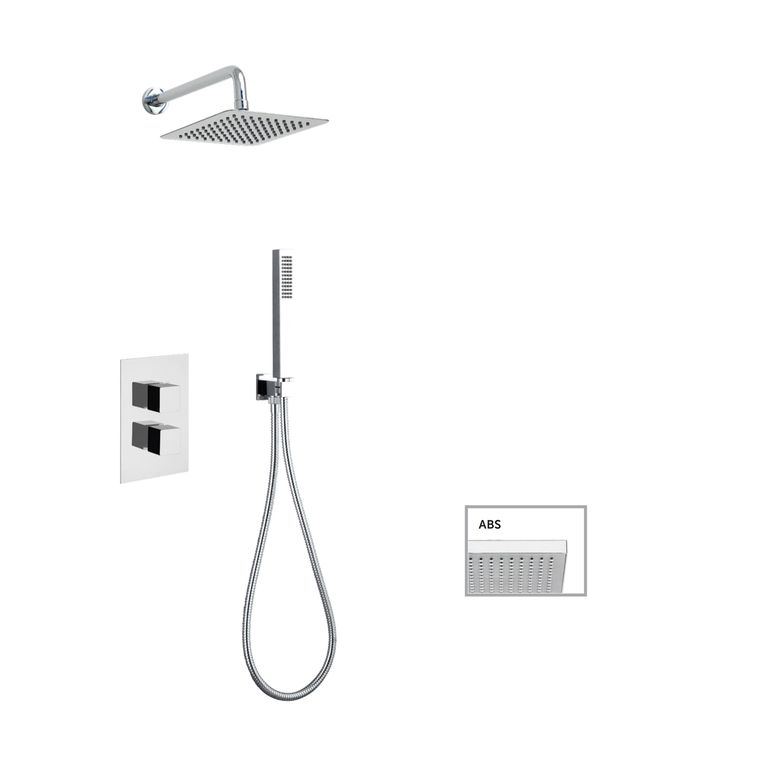 kit soffione quadrato abs mm 300x300 con termostatico incasso doccia,deviatore a due uscite + kit doccia quadrato con presa acqua, flessibile cm 150 e doccetta quadrata abs. finitura cromata - 14015/30