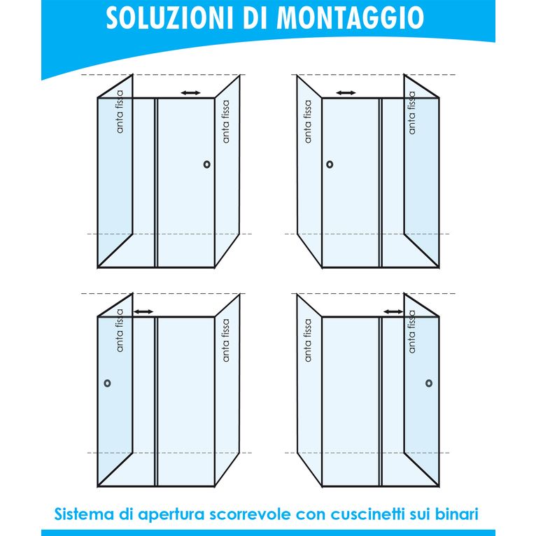 box doccia 70x125x70 cm 3 lati con 2 ante fisse e porta scorrevole trasparente