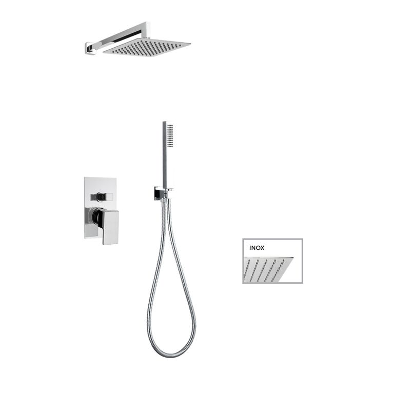 kit soffione quadrato inox mm 200x200 con miscelatore incasso doccia,deviatore a 2 uscite + kit doccia quadrato con presa acqua, flessibile cm 150 e doccetta quadrata abs. finitura cromata - 14019/20