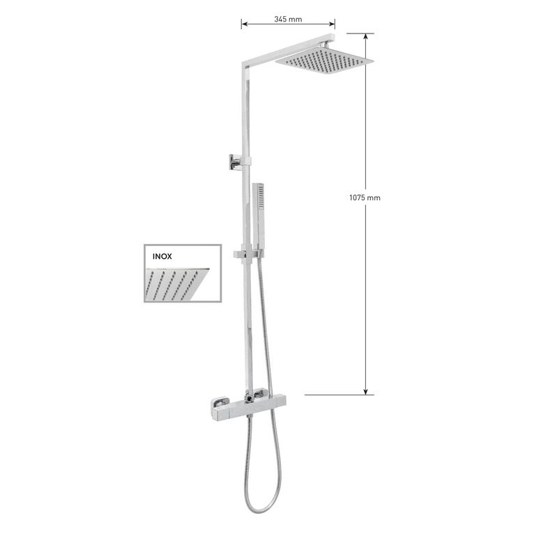 kit colonna doccia quandrata,soffione quadrato inox mm 200x200,termostatico quadrato con deviatore,flessibile cm 150 e doccetta quadrata in abs. finitura cromata - 13097/20