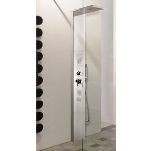 COLONNA DOCCIA DA PAVIMENTO IN ACCIAIO INOX LUCIDO CON SOFFIONE A PIOGGIA E SOFFIONI LATERALI. DOTATA DI MISCELATORE,DEVIATORE,FLESSIBILE E DOCCETTA - 4006 INOX LUCIDO