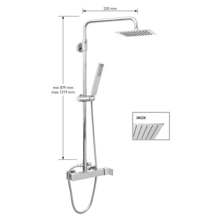 kit colonna doccia cilindrica con deviatore,soffione quadrato inox mm 200x200, miscelatore quadrato,flessibile cm 150 e doccetta quadrata in abs. finitura cromata - 13089/20