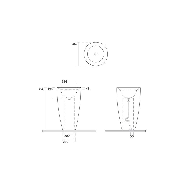 lavabo freestanding scarico suolo completo di sifone e tubo flessibile di scarico ø 46 cm kracklite axa - db