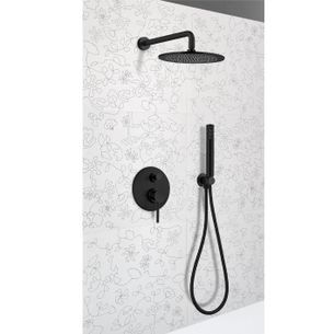 KIT SOFFIONE CILINDRICO OTTONE DIAMETRO mm 250 CON MISCELATORE INCASSO DOCCIA,DEVIATORE A 2 USCITE + KIT DOCCIA CILINDRICO CON PRESA ACQUA, FLESSIBILE cm 150 E DOCCETTA CILINDRICA ABS NERO OPACO MINIMAL MN1409/25