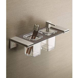 DOSASAPONE E PORTA SPAZZOLINI CROMO VETRO TRASPARENTE E CUOIO MARRONE SERIE BAIO CAPANNOLI