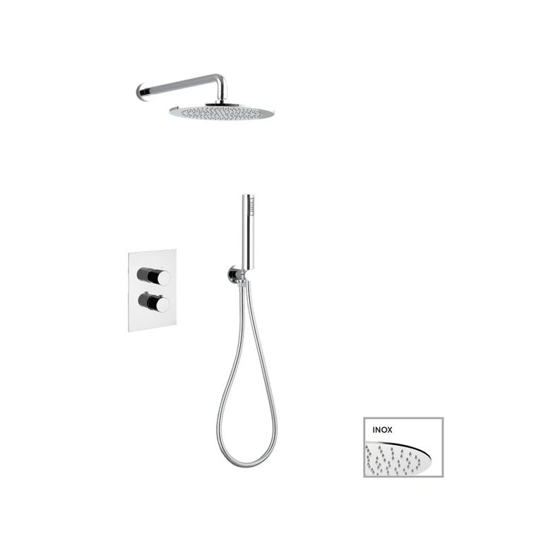 kit soffione cilindrico inox diametro mm 200 con termostatico incasso doccia,deviatore a 2 uscite + kit doccia cilindrico con presa acqua,flessibile cm 150 e doccetta cilindrica abs. finitura cromata - 14007/20