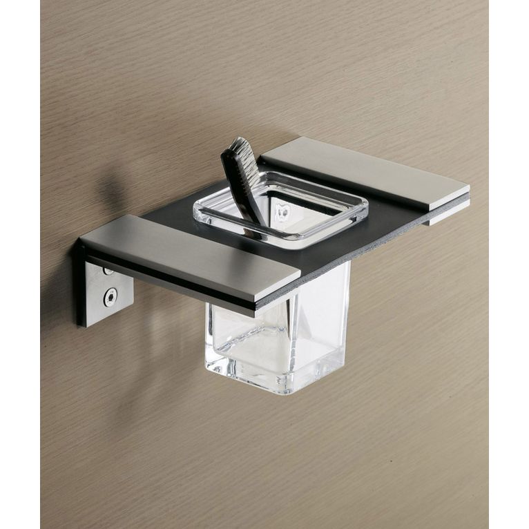 porta spazzolini cromo vetro satinato e cuoio marrone serie baio capannoli 