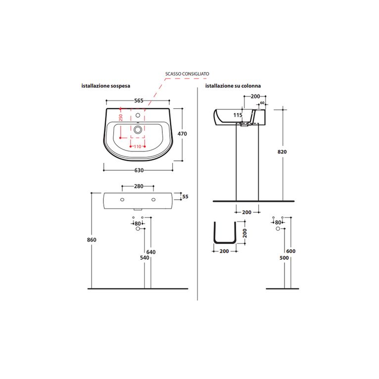 lavabo sospeso o su colonna 60x47 axa - axa cinque