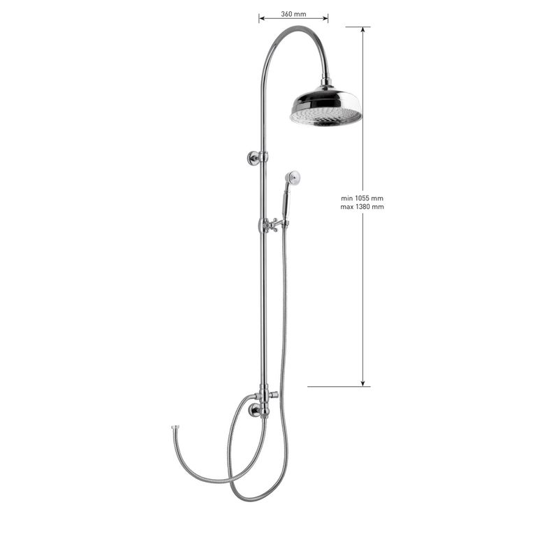 kit colonna doccia stile antico con deviatore,soffione ø 200 in ottone,flessibile cm 60,presa acqua,flessibile cm 150 e doccetta ottone. finitura cromata - 13061 a