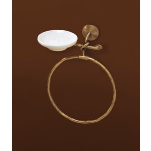 PORTA ASCIUGAMANI AD ANELLO CON PORTASAPONE BRONZO SATINATO E CERAMICA BIANCO SERIE RETRO' CAPANNOLI
