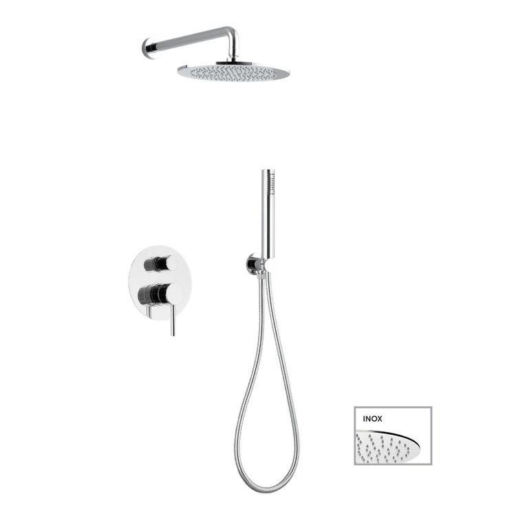kit soffione cilindrico inox diametro mm 300 con miscelatore incasso doccia,deviatore a due uscite + kit doccia cilindrico con presa acqua,flessibile cm 150 e doccetta cilindrica abs. finitura cromata - 14009/30