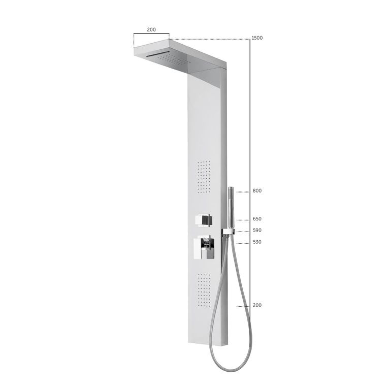 colonna doccia sospesa in acciaio inox lucido con soffione pioggia, soffioni laterali e cascata. dotata di miscelatore,deviatore,flessibile e doccetta - 4002 inox lucido