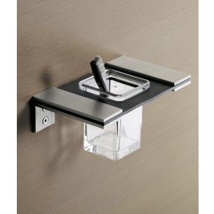 PORTA SPAZZOLINI CROMO VETRO SATINATO E CUOIO MARRONE SERIE BAIO CAPANNOLI 