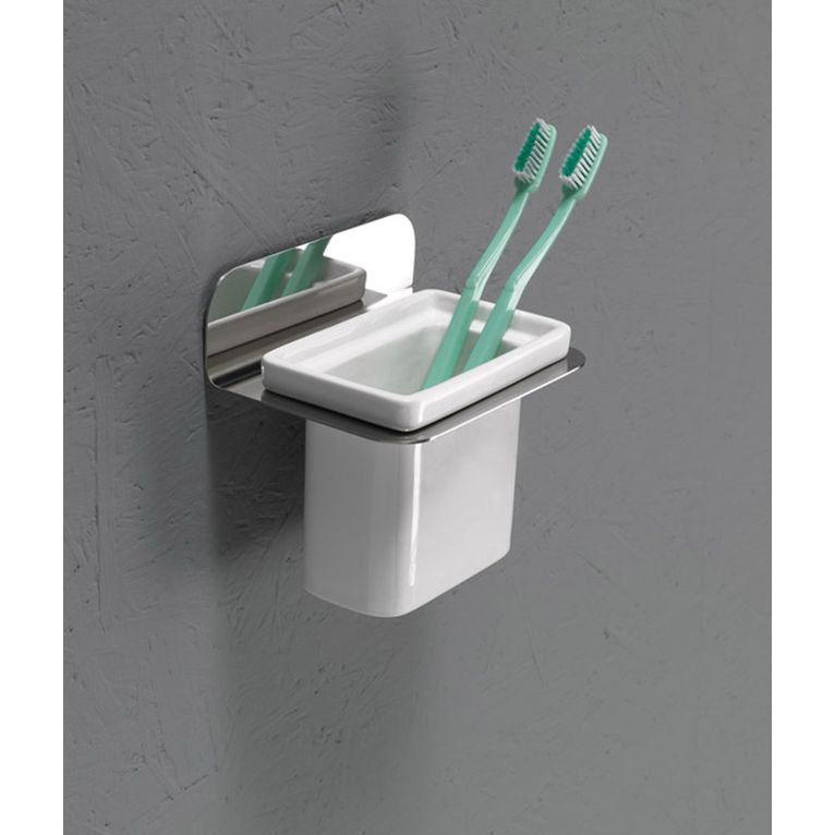 porta spazzolini acciaio satinato e ceramica bianco serie cut capannoli