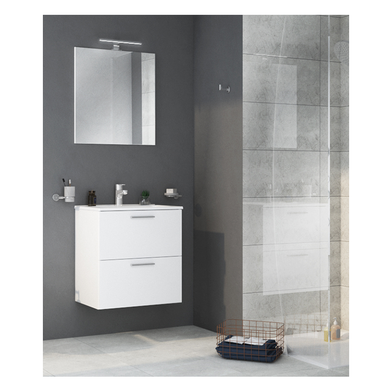 mobile bagno sospeso composizione completa misura 60 cm: base - lavabo in ceramica - specchio - lampada led e sifone