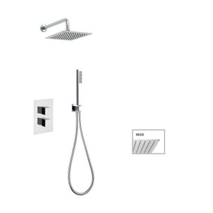 KIT SOFFIONE QUADRATO INOX mm 200x200 CON TERMOSTATICO INCASSO DOCCIA,DEVIATORE A DUE USCITE + KIT DOCCIA QUADRATO CON PRESA ACQUA, FLESSIBILE cm 150 E DOCCETTA QUADRATA ABS. FINITURA CROMATA - 14017/20