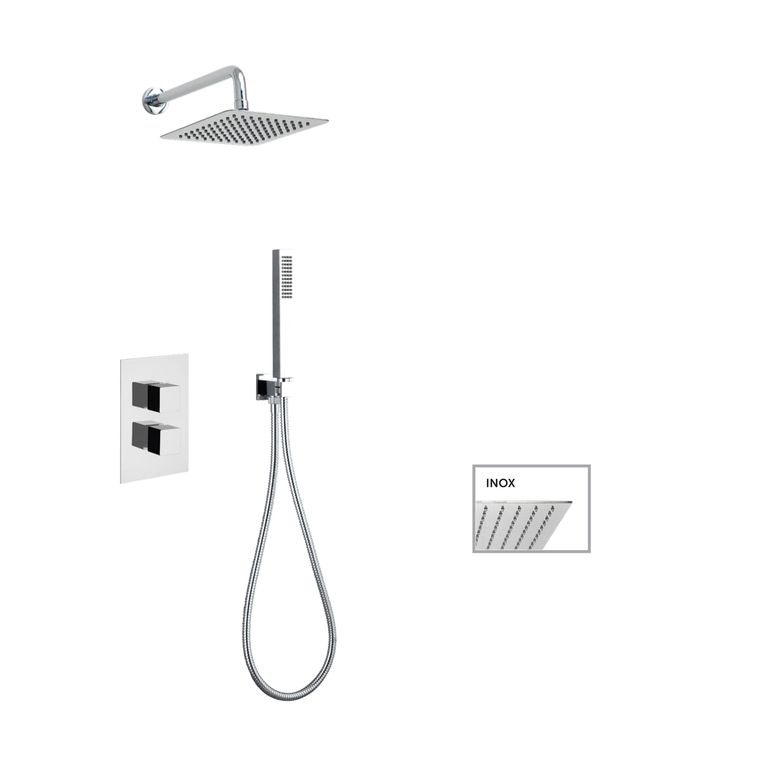 kit soffione quadrato abs mm 300x300 con termostatico incasso doccia,deviatore a due uscite + kit doccia quadrato con presa acqua, flessibile cm 150 e doccetta quadrata abs. finitura cromata - 14017/30