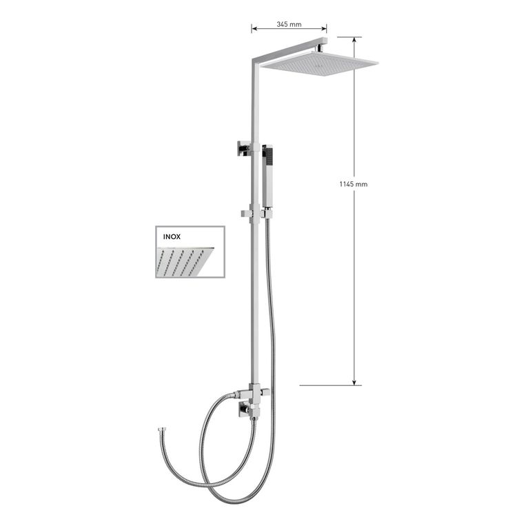 kit colonna doccia quadrata con deviatore,soffione quadrato inox mm 200x200,flessibile cm 60,presa acqua,flessibile cm 150 e doccetta quadrata in abs. finitura cromata - 13097 a/20