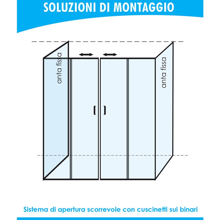 box doccia 65x165x65 cm 3 lati con 2 ante fisse e porta scorrevole trasparente